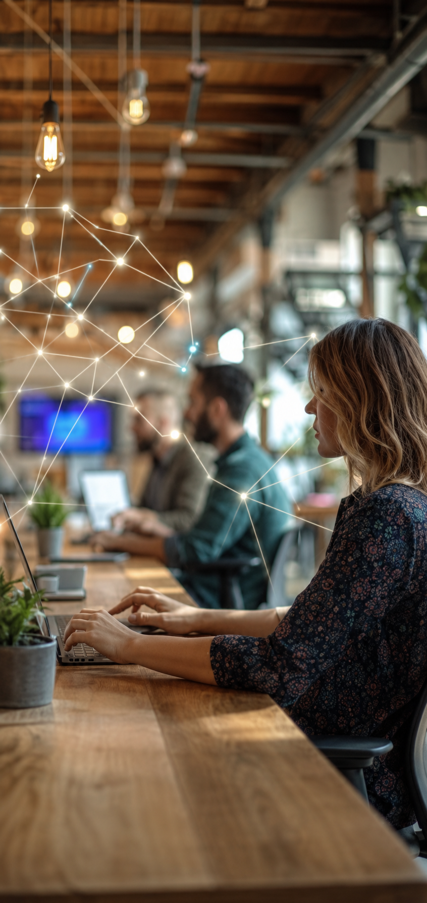Equipo colaborando con tecnología e IA en un coworking